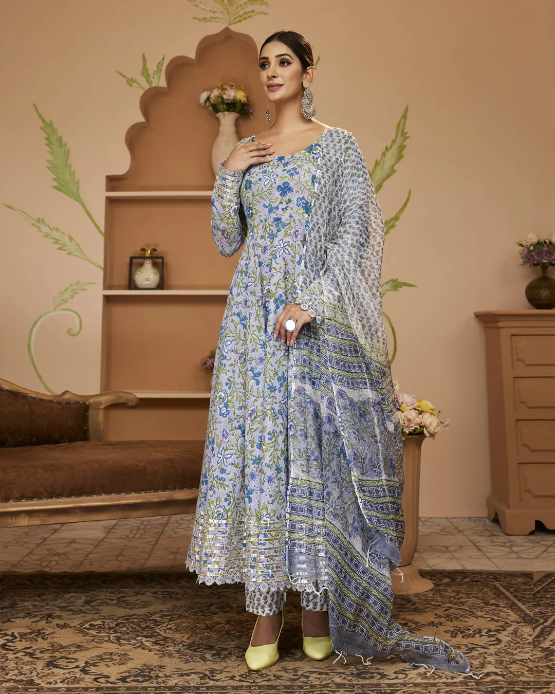 Hand Block Floral Printed Blue Anarkali Cotton Kurta With Trousers & Dupatta