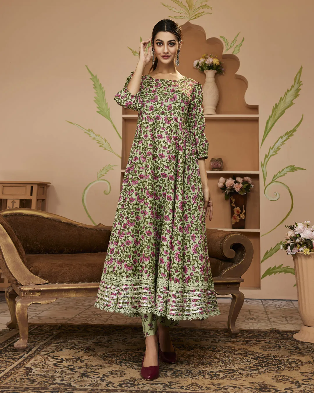 Hand Block Floral Printed Green Anarkali Cotton Kurta With Trousers