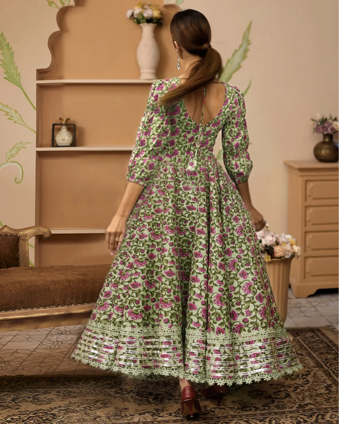 Hand Block Floral Printed Green Anarkali Cotton Kurta With Trousers