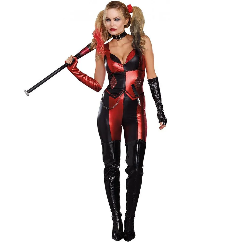 Harley Quinn Women's 4pc Red Black Metallic Jumpsuit & Zipper Bodice Costume