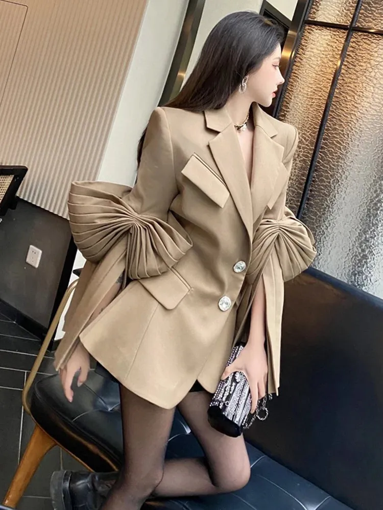 High Street Plain Blazers For Women Notched Long Sleeve Single Breasted Patchwork Folds Coats Female Spring Clothes