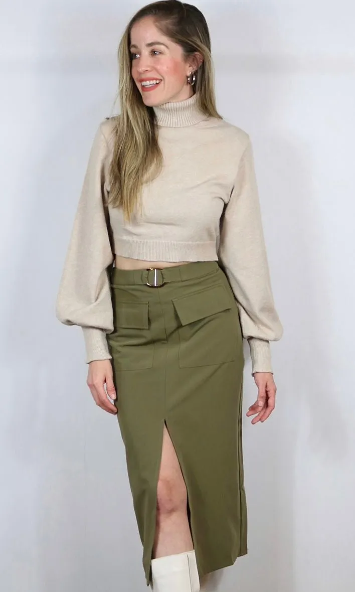 High Waist Pocket Front Slit Midi Skirt