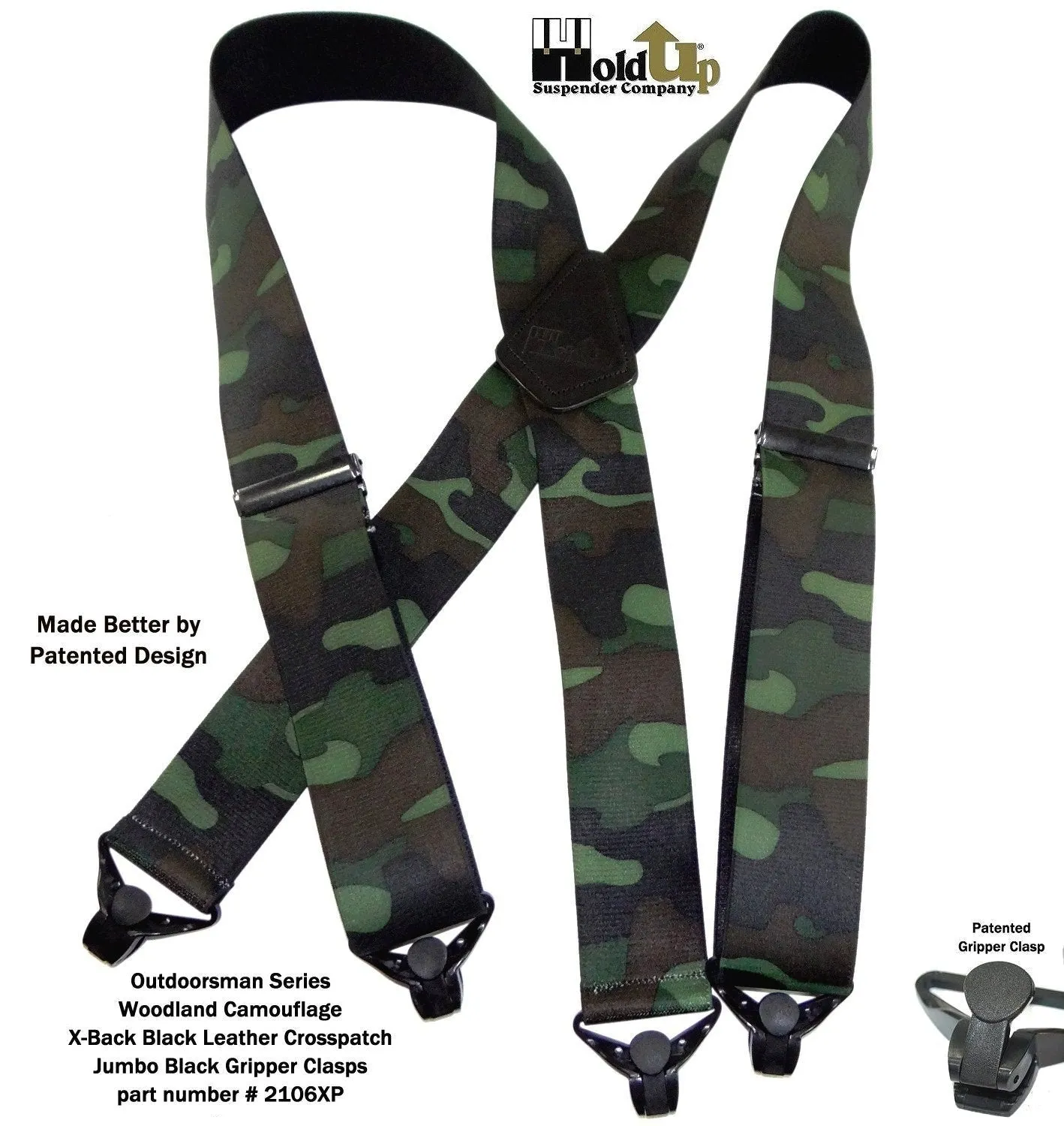 Hold-Up Brand Woodland Camouflage Pattern Wide Hold-Up Suspenders w/ USA Patented Plastic Gripper Clasp