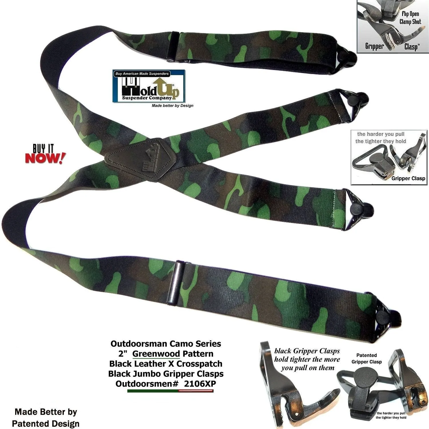 Hold-Up Brand Woodland Camouflage Pattern Wide Hold-Up Suspenders w/ USA Patented Plastic Gripper Clasp