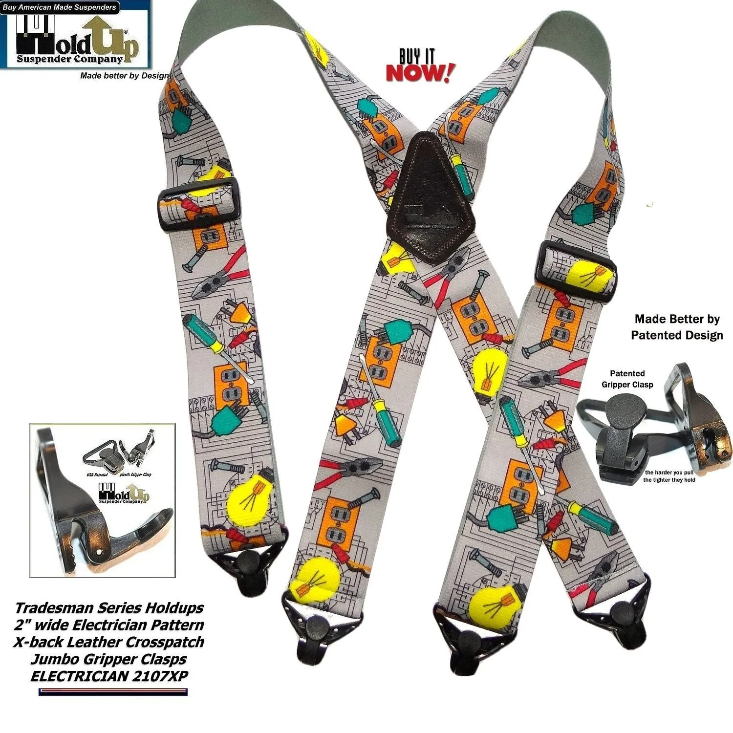 Holdup Brand Electrician Pattern Wide Work Suspenders in Tradesman Series with USA Patented Jumbo Gripper Clasps