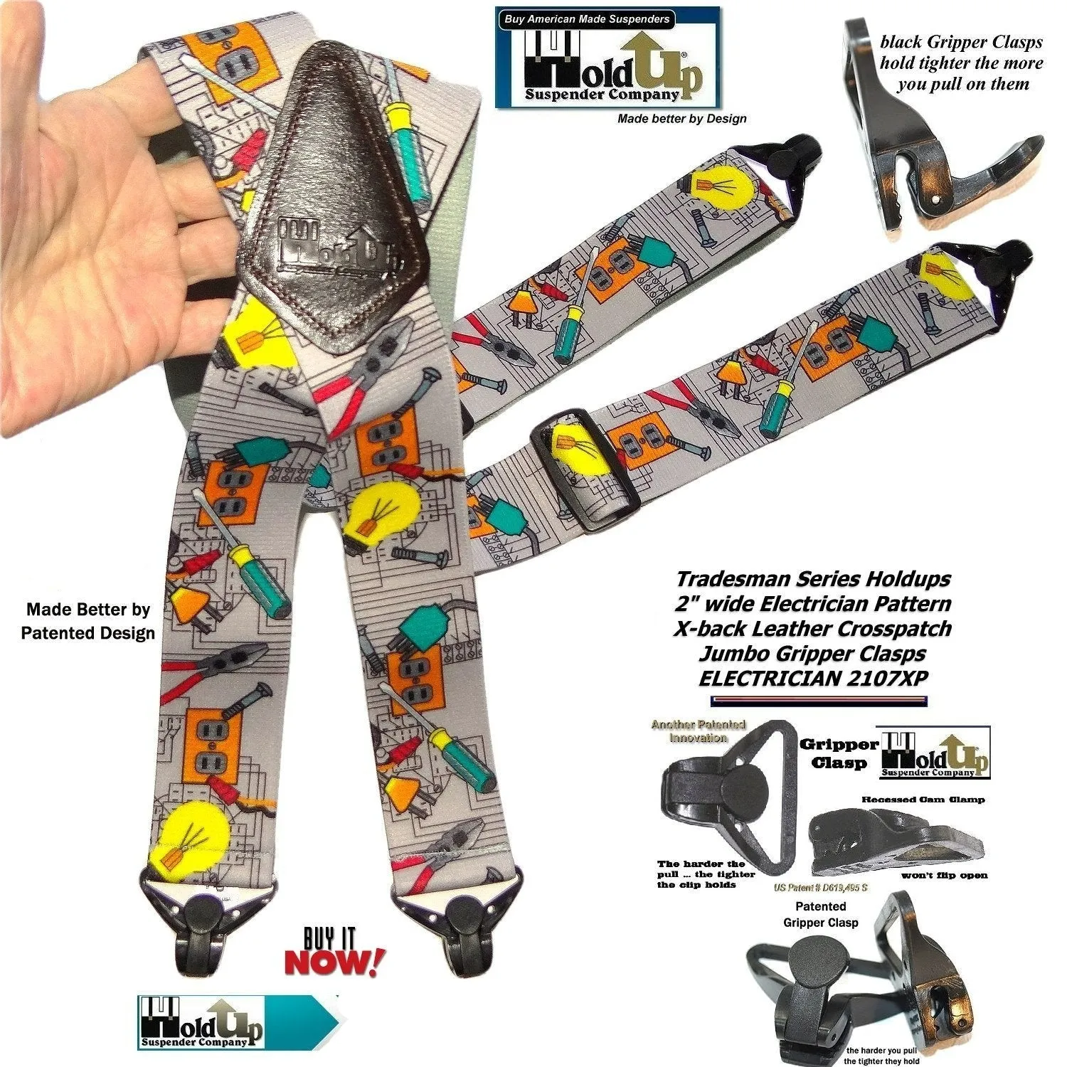 Holdup Brand Electrician Pattern Wide Work Suspenders in Tradesman Series with USA Patented Jumbo Gripper Clasps