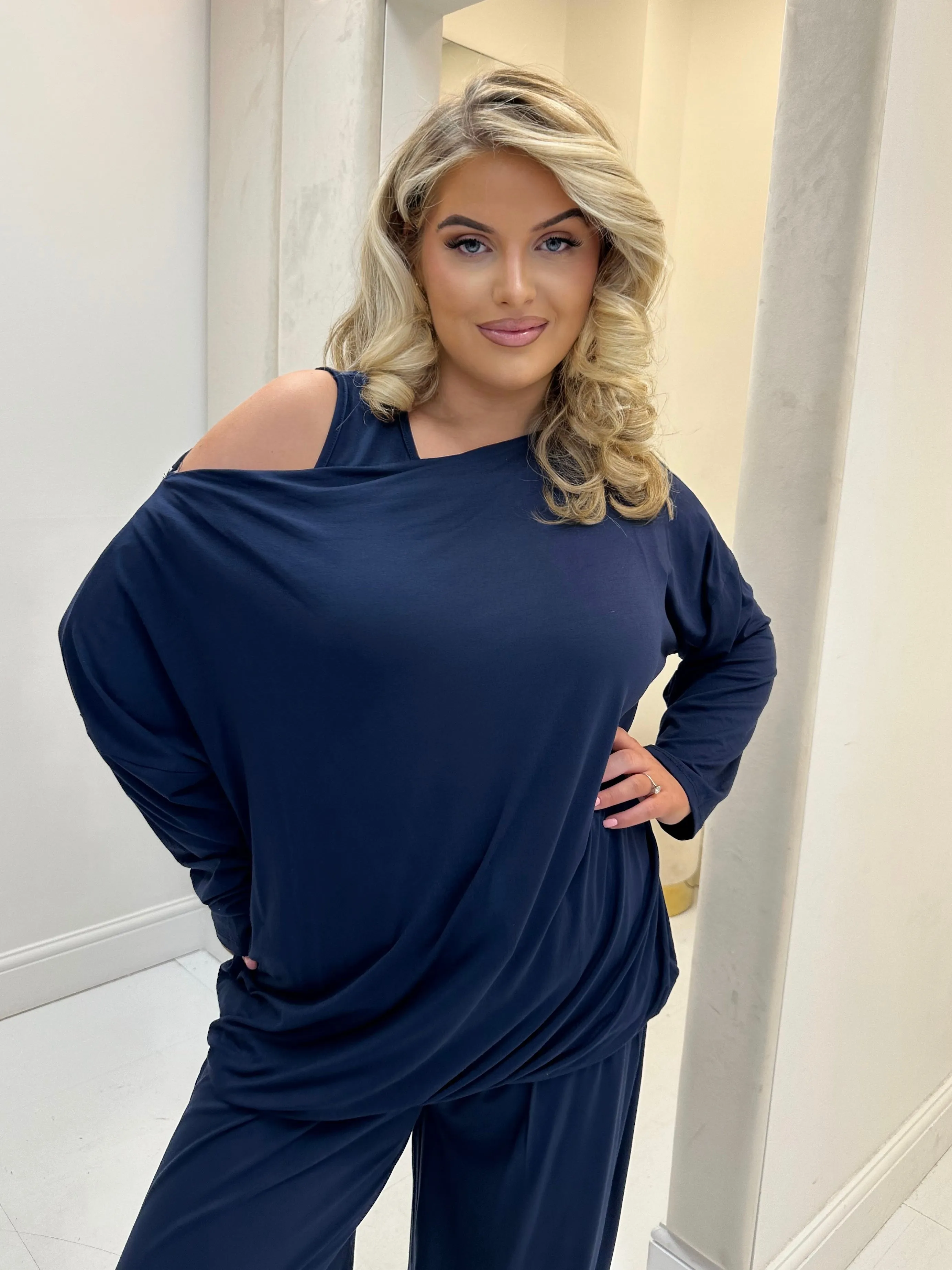 Hollyanna Curve Navy Cowl Neck Jersey Drawstring Co-Ord