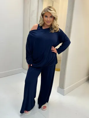 Hollyanna Curve Navy Cowl Neck Jersey Drawstring Co-Ord