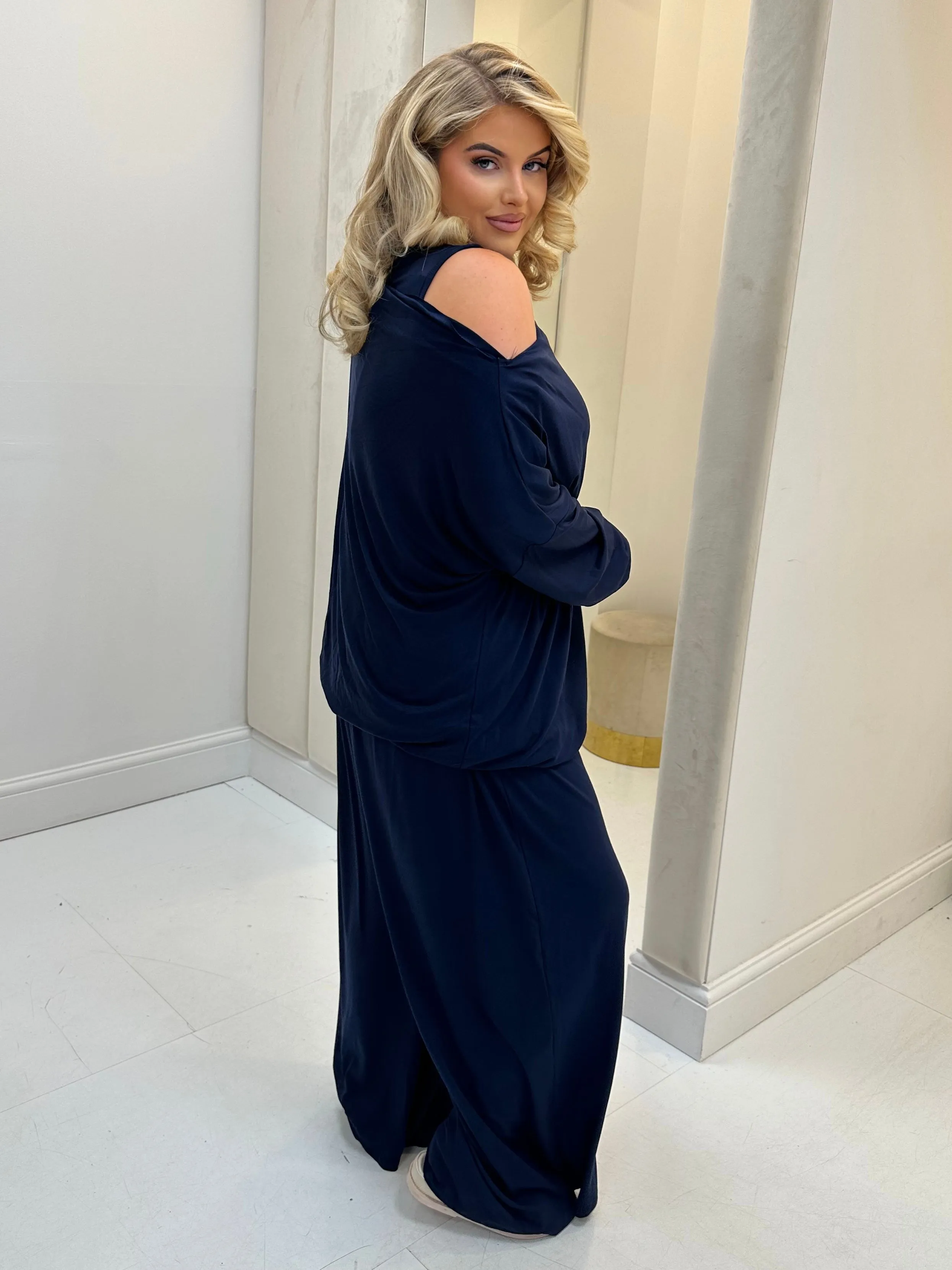 Hollyanna Curve Navy Cowl Neck Jersey Drawstring Co-Ord