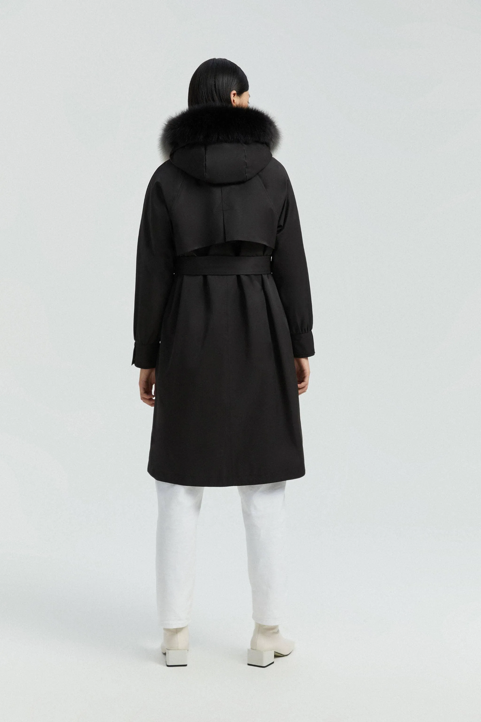 Hooded Trench Coat with Fur Trim