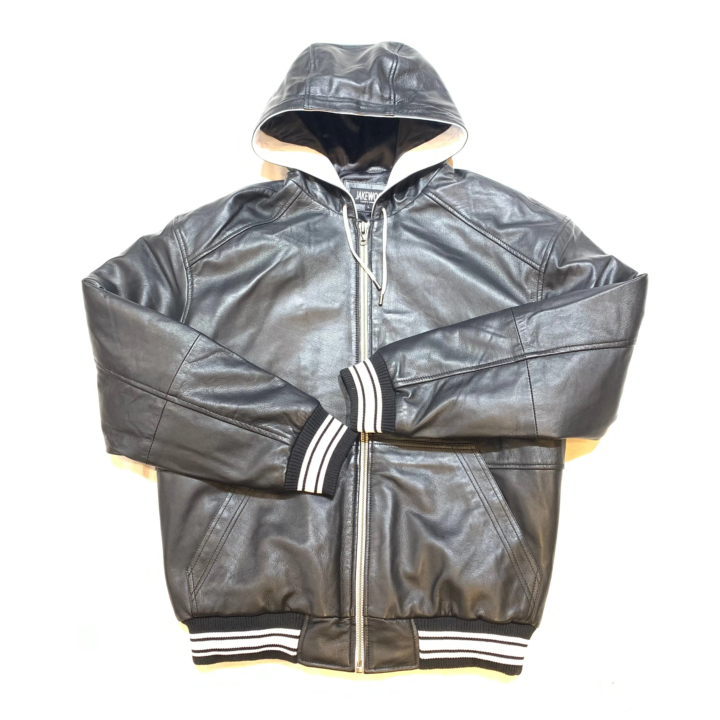 Jakewood Black Lambskin Hooded Bomber Jacket