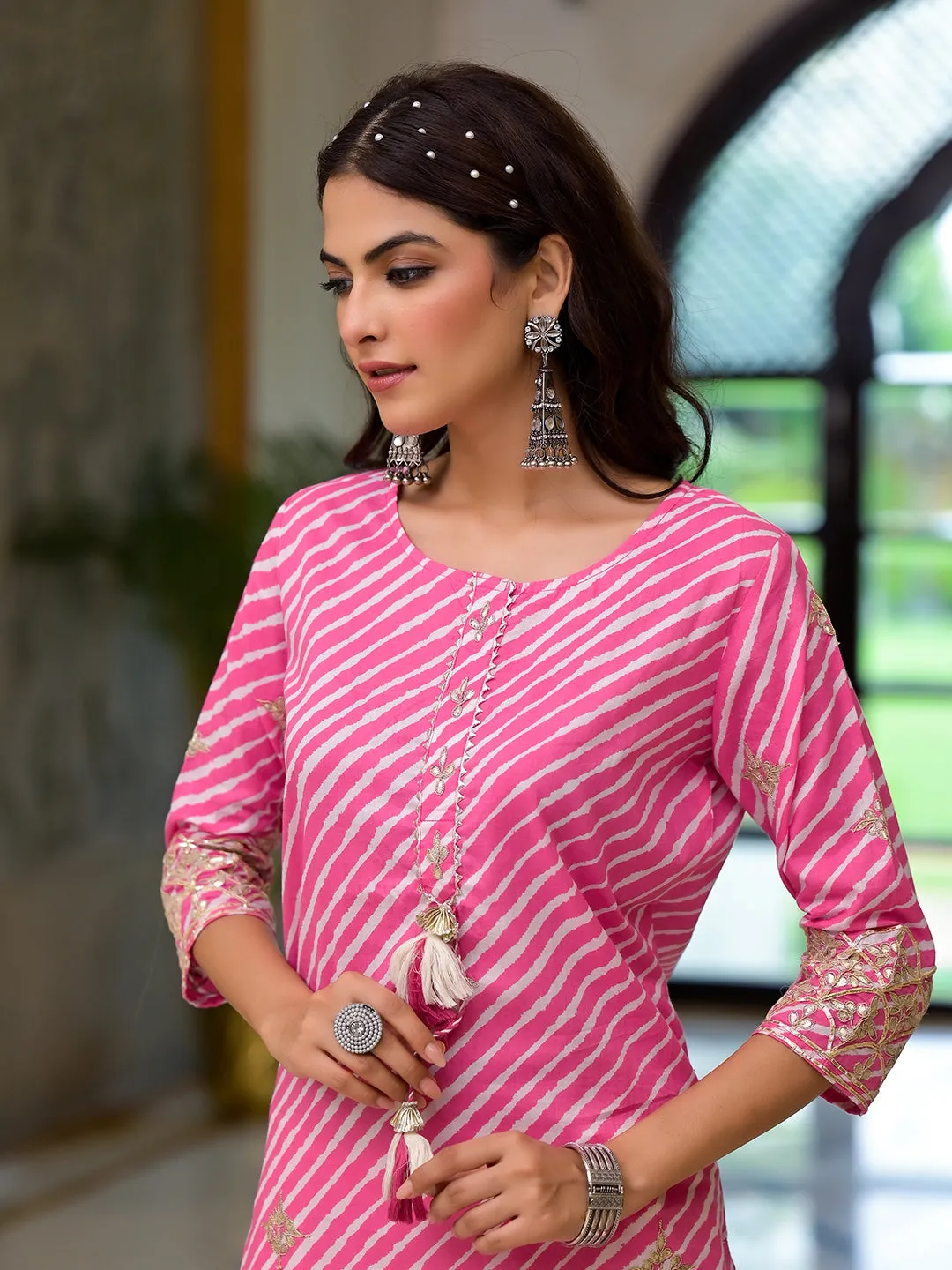 Jashvi Pink Leheriya Print Embroidered Pure Cotton Straight Kurta