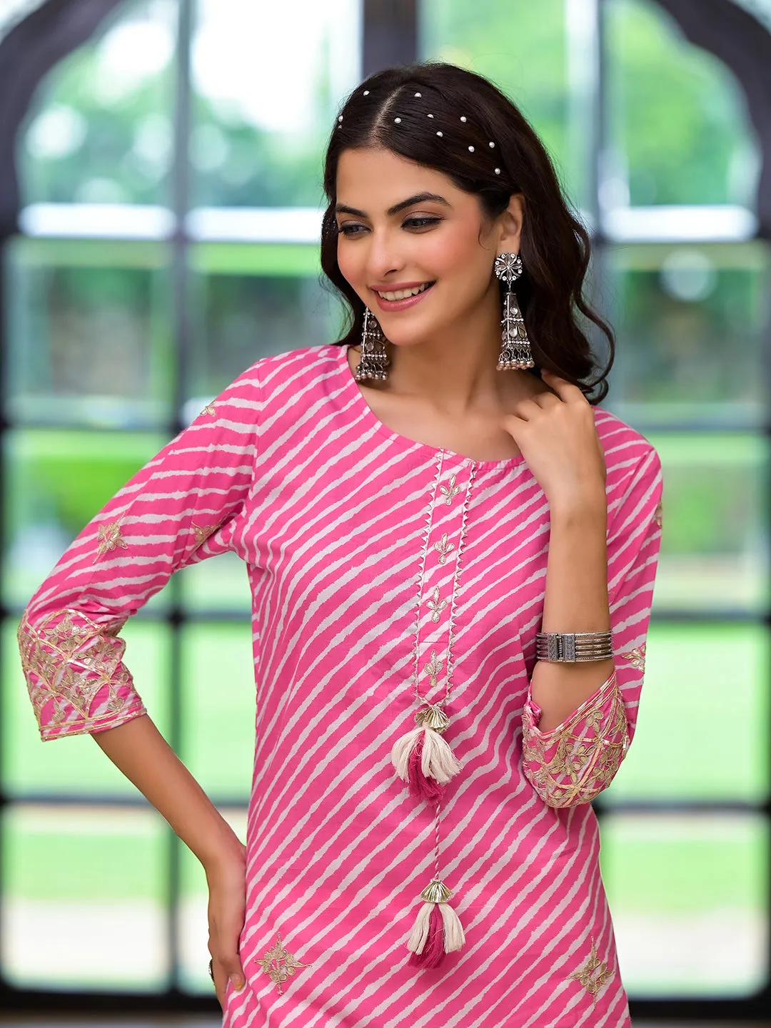 Jashvi Pink Leheriya Print Embroidered Pure Cotton Straight Kurta