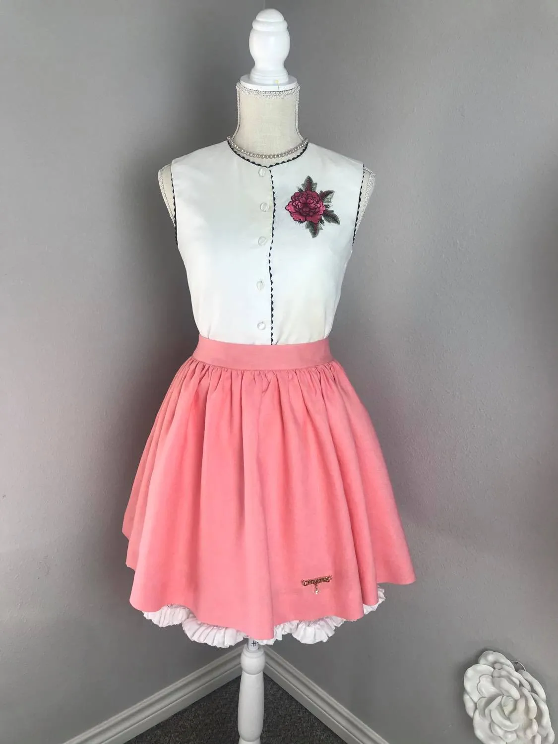 Julie skirt in Pink matching white top Linen