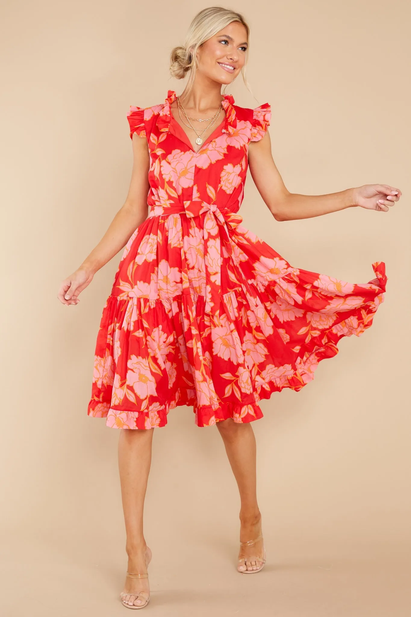 Just The Highlights Red Floral Print Midi Dress