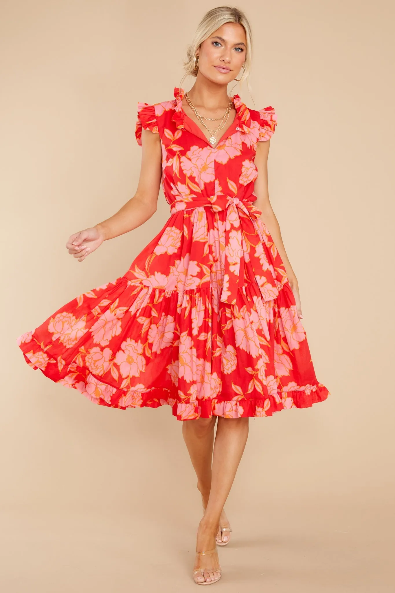 Just The Highlights Red Floral Print Midi Dress