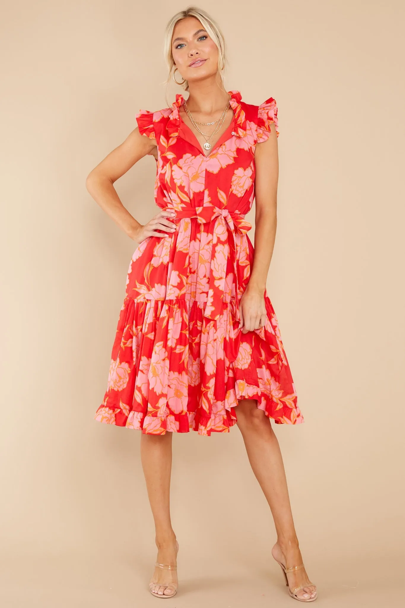 Just The Highlights Red Floral Print Midi Dress