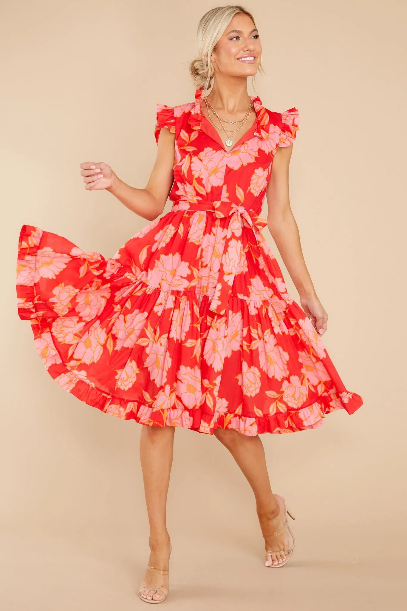 Just The Highlights Red Floral Print Midi Dress