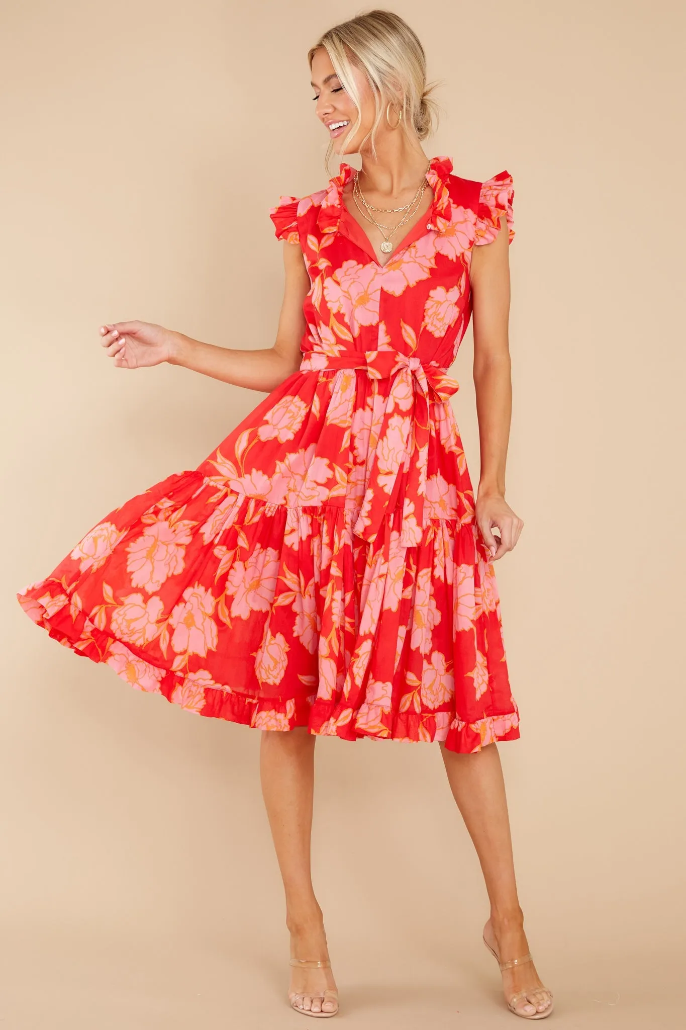 Just The Highlights Red Floral Print Midi Dress