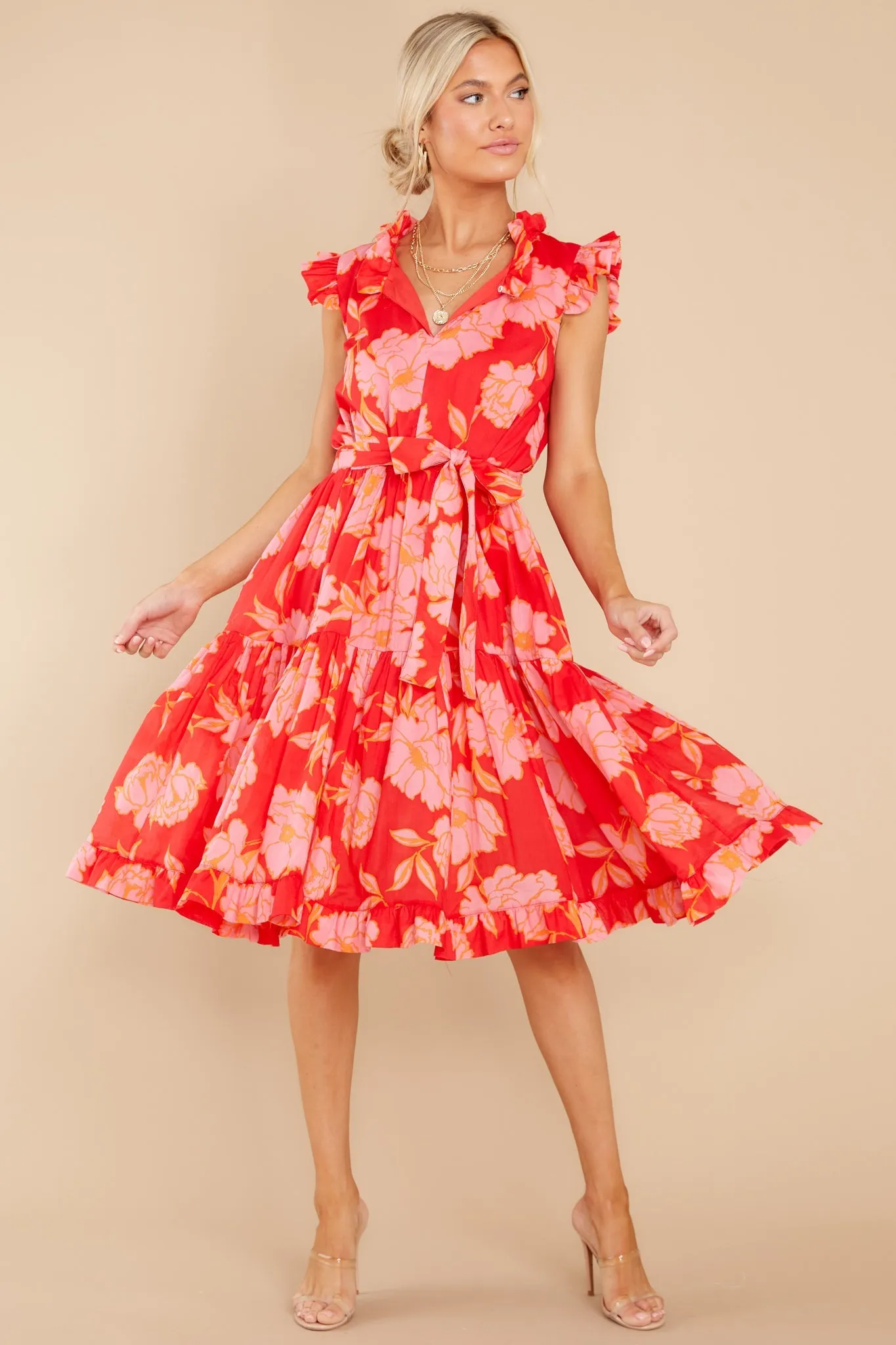 Just The Highlights Red Floral Print Midi Dress