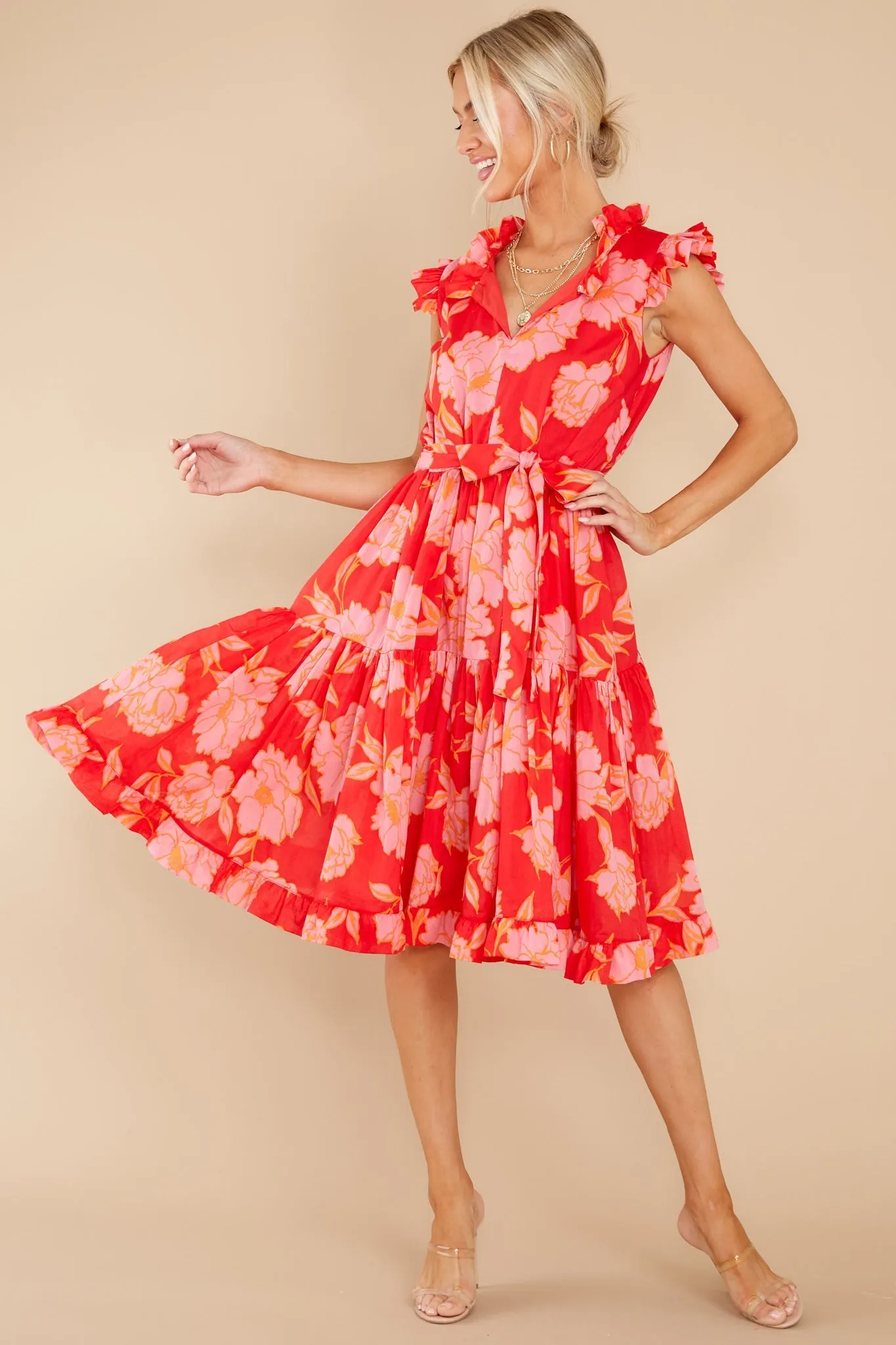 Just The Highlights Red Floral Print Midi Dress