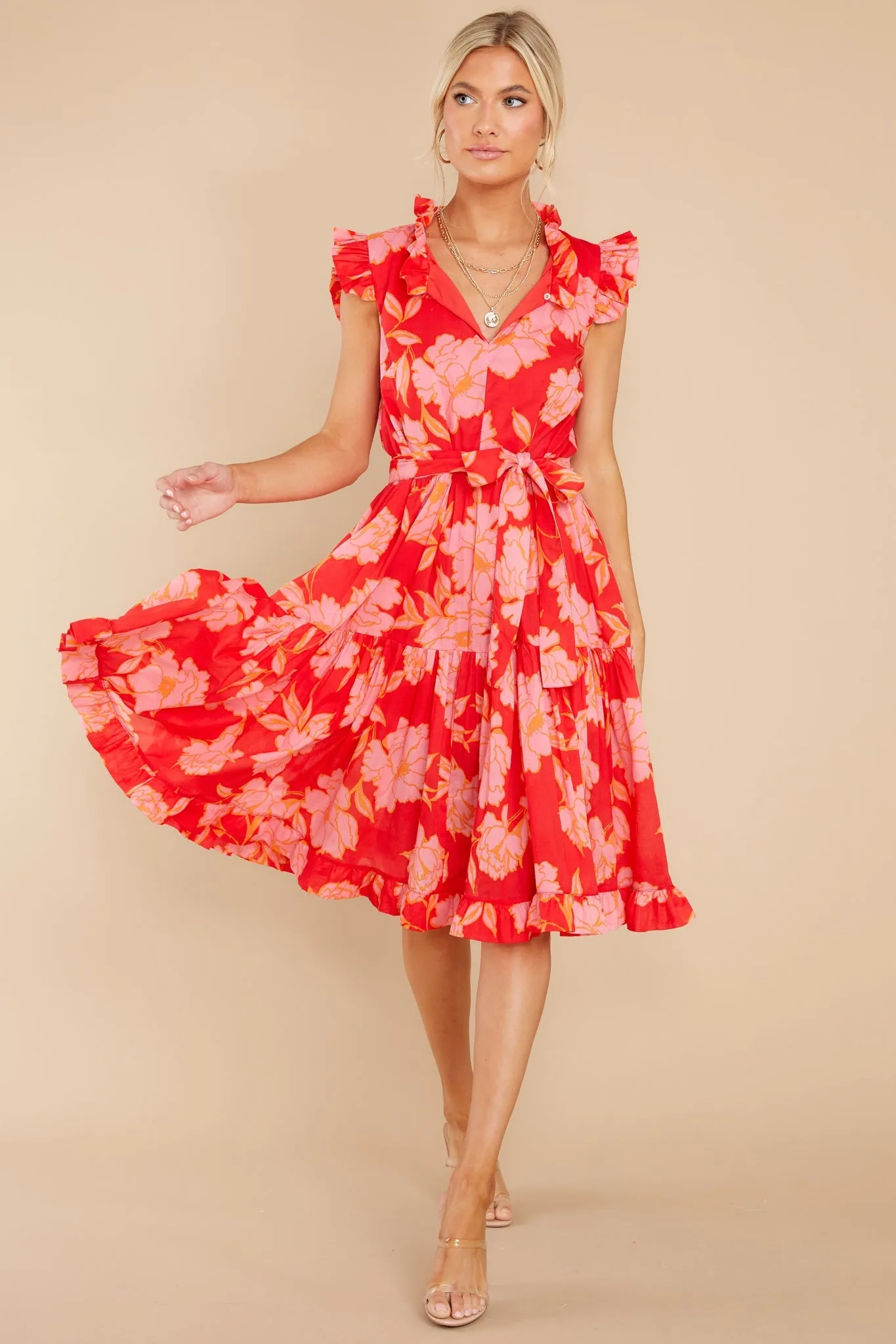 Just The Highlights Red Floral Print Midi Dress