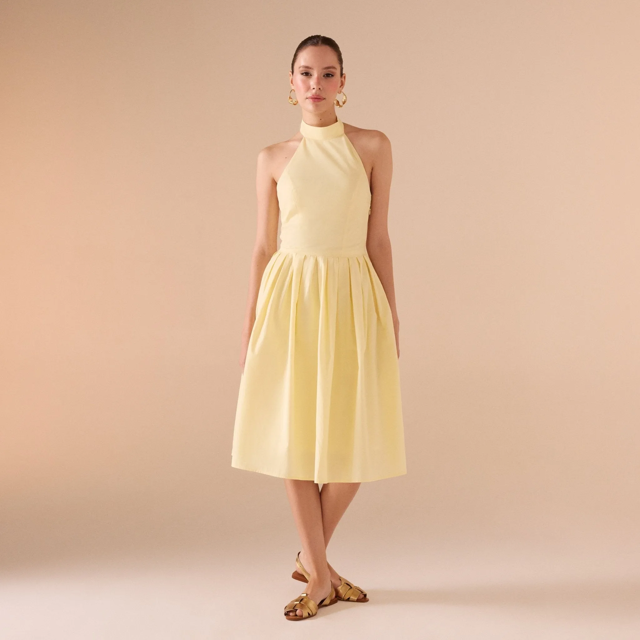 Knee-length Sleeveless Dress with a Short Turtleneck in Cotton