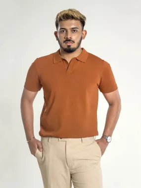 Knit  Polo Tee - Cinnamon Brown Open Collar