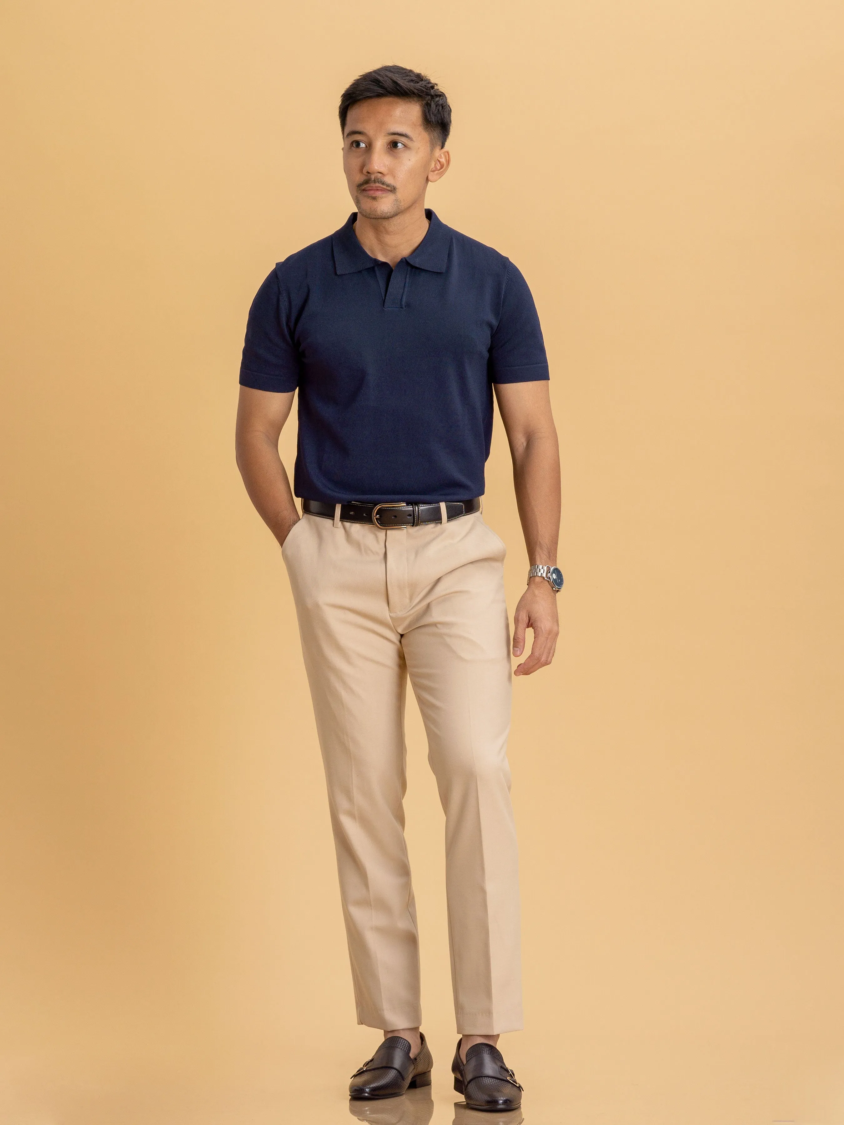 Knit Polo Tee - Navy Blue Open Collar