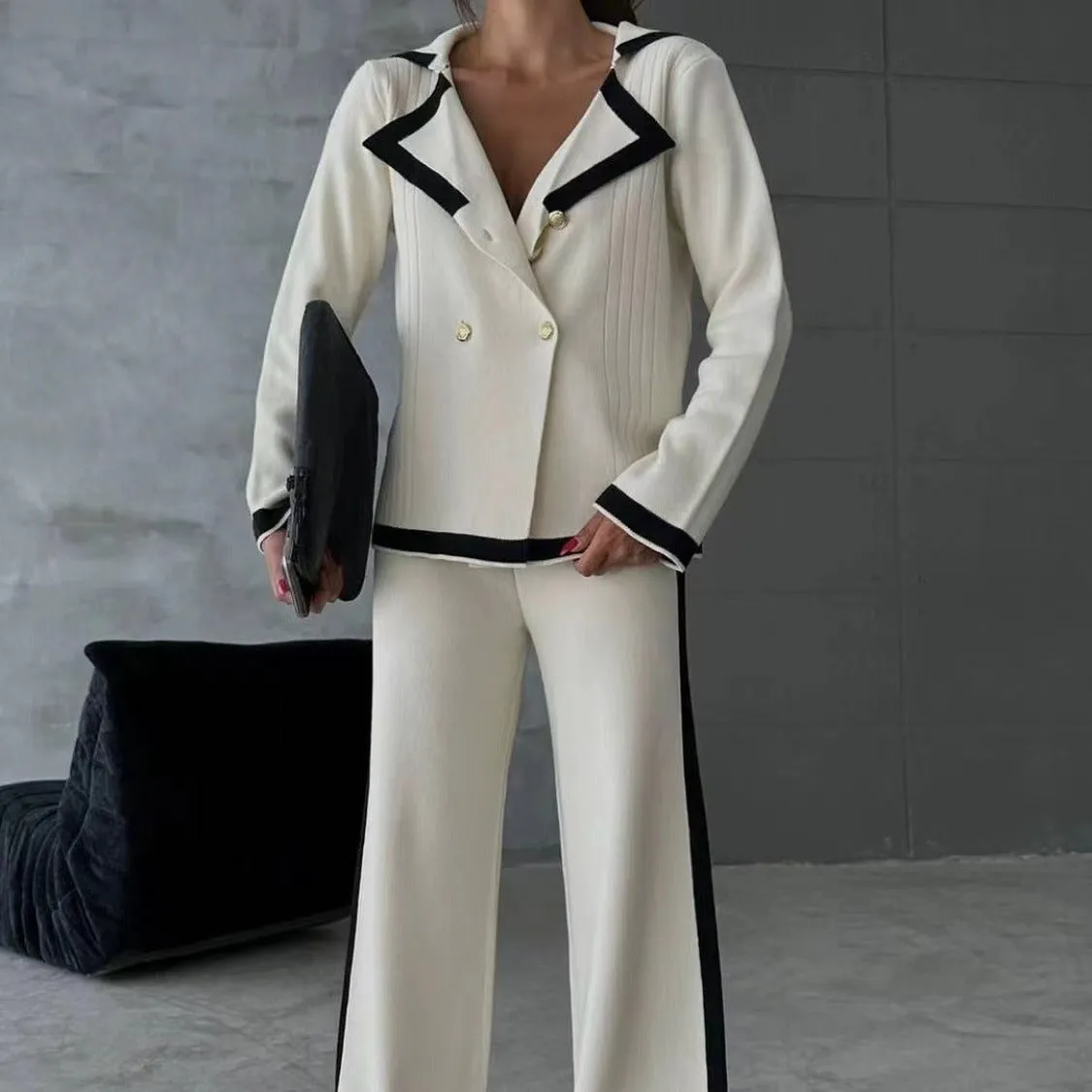 Lapel Casual Long-Sleeve Color-Block Knit Suit