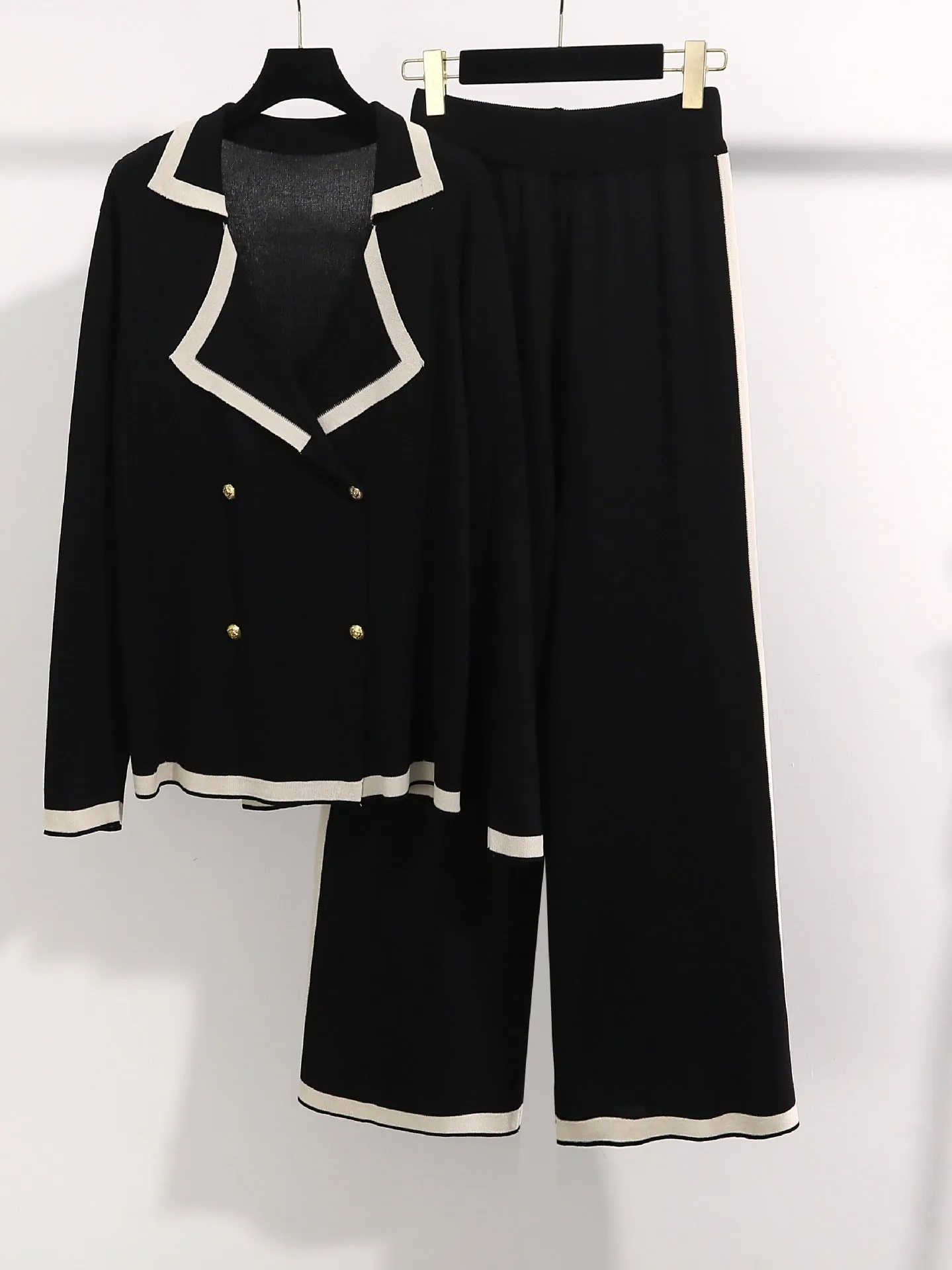 Lapel Casual Long-Sleeve Color-Block Knit Suit