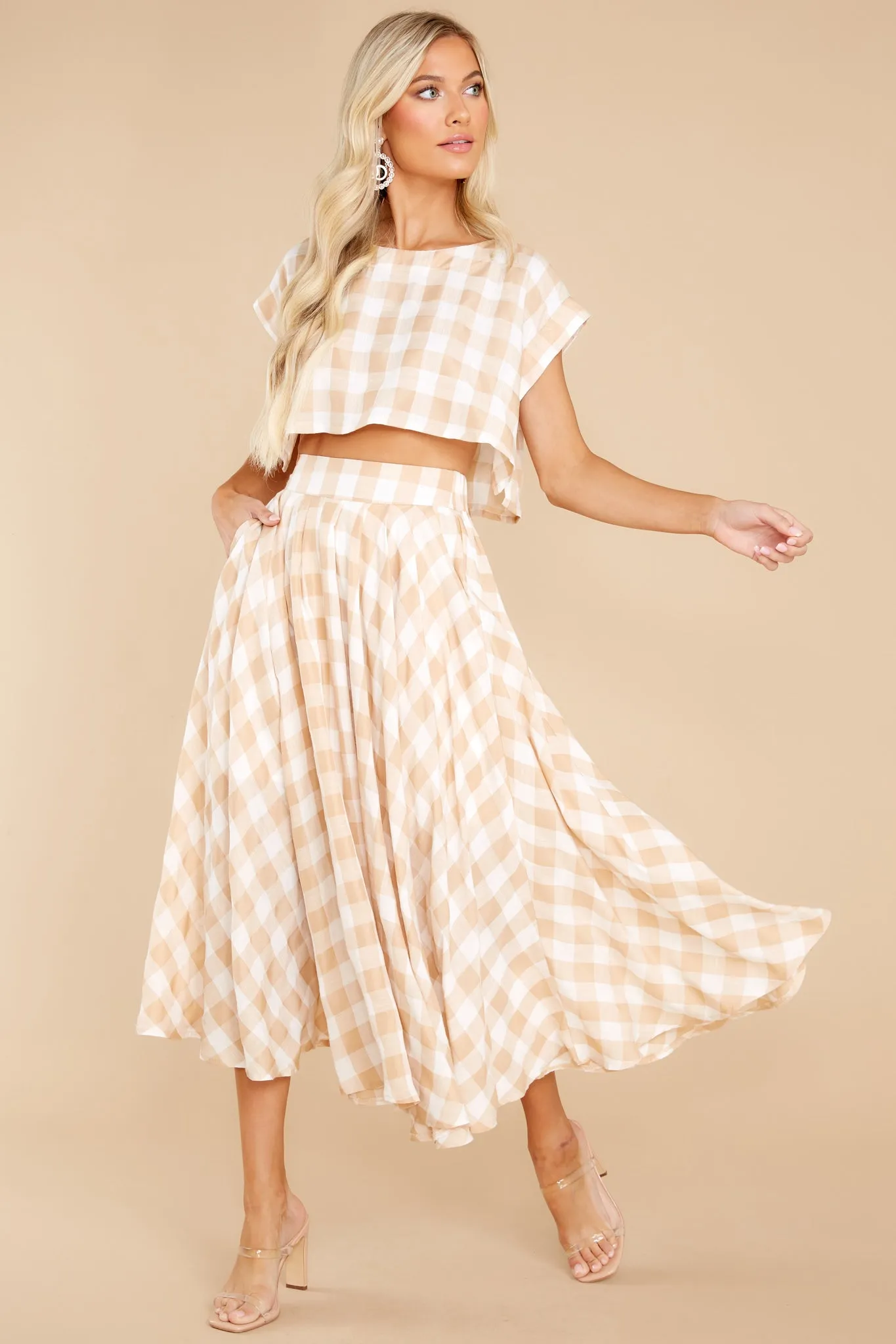 Leaps Of Time Beige Gingham Two Piece Set