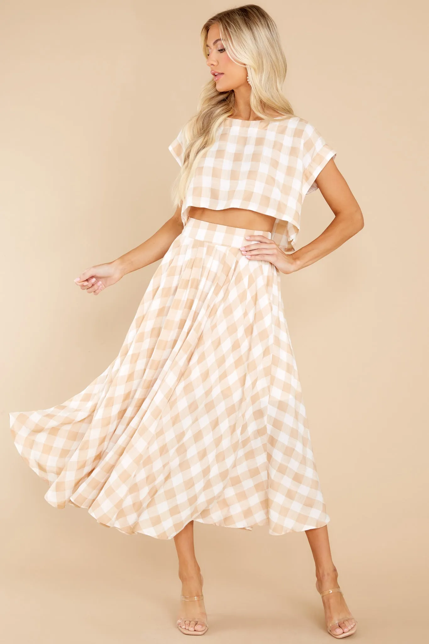 Leaps Of Time Beige Gingham Two Piece Set