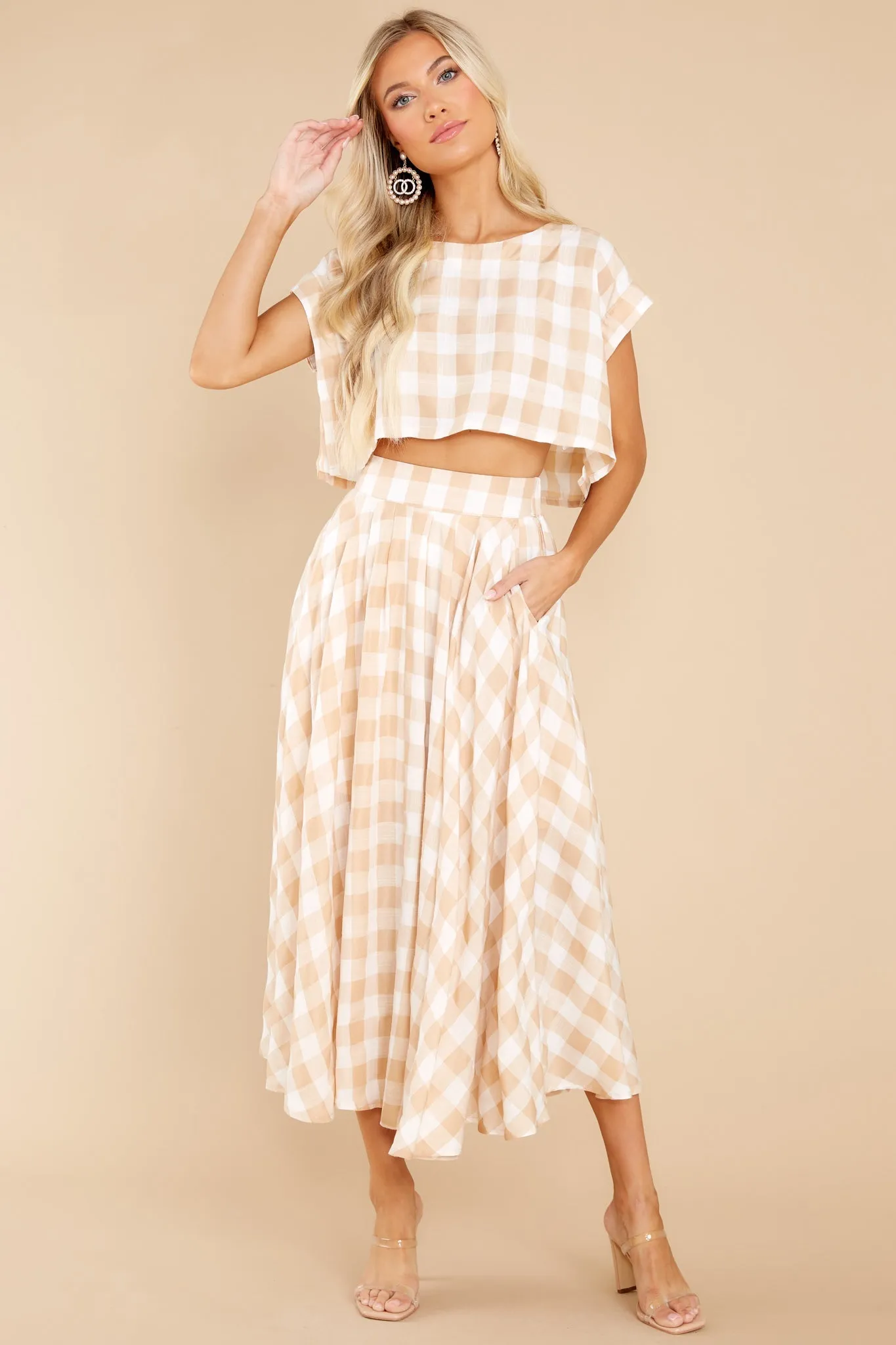 Leaps Of Time Beige Gingham Two Piece Set