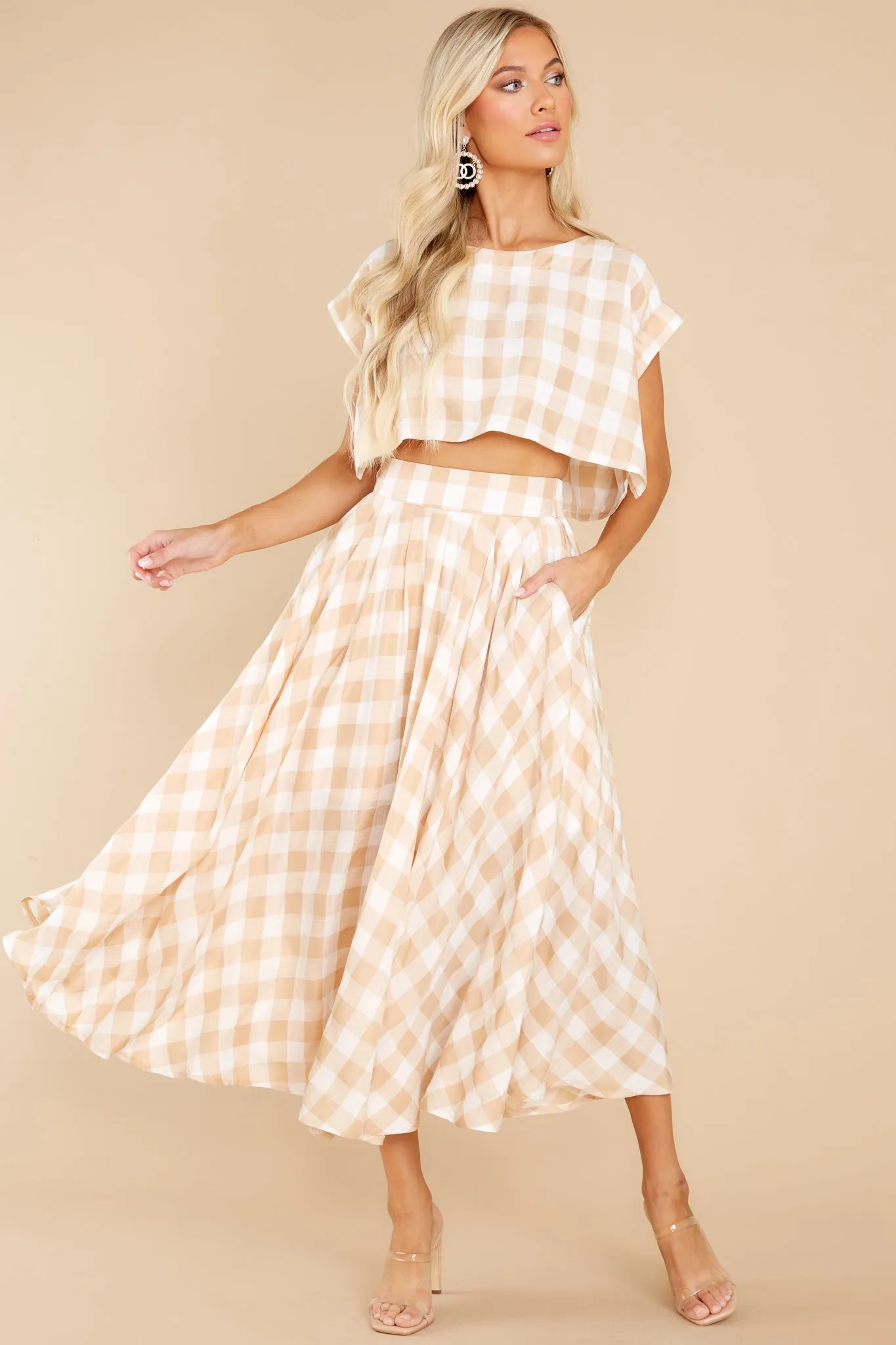 Leaps Of Time Beige Gingham Two Piece Set