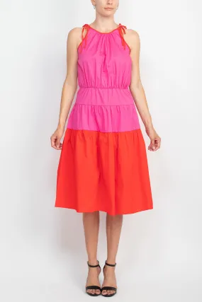 London Times Crew Neck Shoulder Ties Halter Neck Color block Tiered Skirt Midi Stretch Cotton Poppin Dress