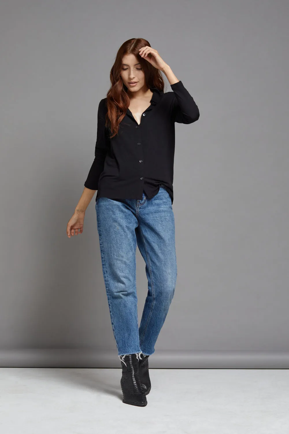 Majestic Long Sleeve Viscose Boxy Button Down in Black