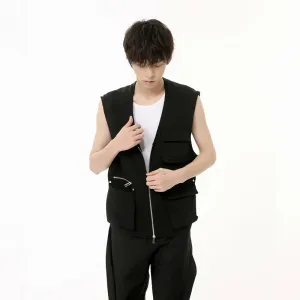 Male Black Vest New Sleeveless Collarless Zipper Design Large Pocket Cargo Men's Waistcoat Summer Fashion 9C6691