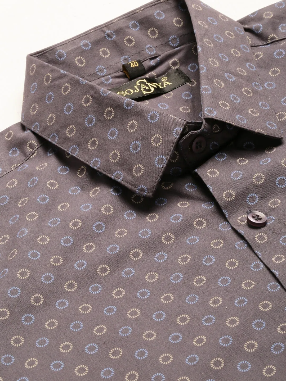 Mens Cotton Charcoal Grey Printed Formal Shirt - Sojanya