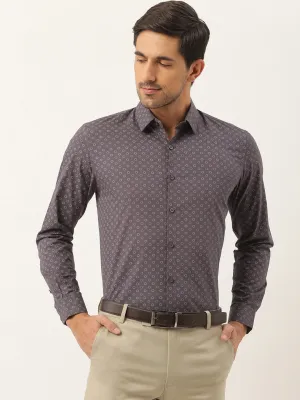 Mens Cotton Charcoal Grey Printed Formal Shirt - Sojanya