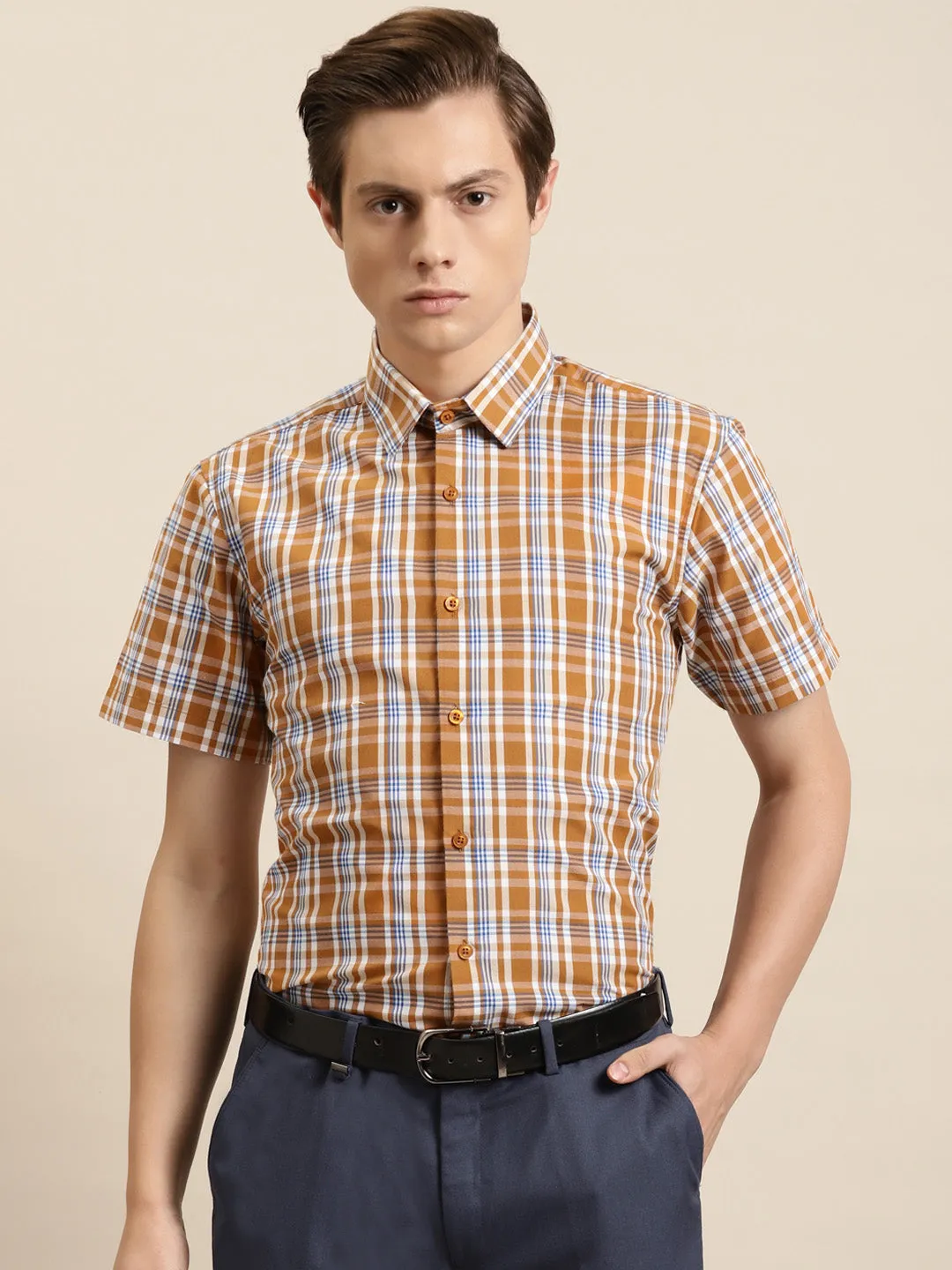 Men's Cotton Mustard & White Formal Shirt - Sojanya