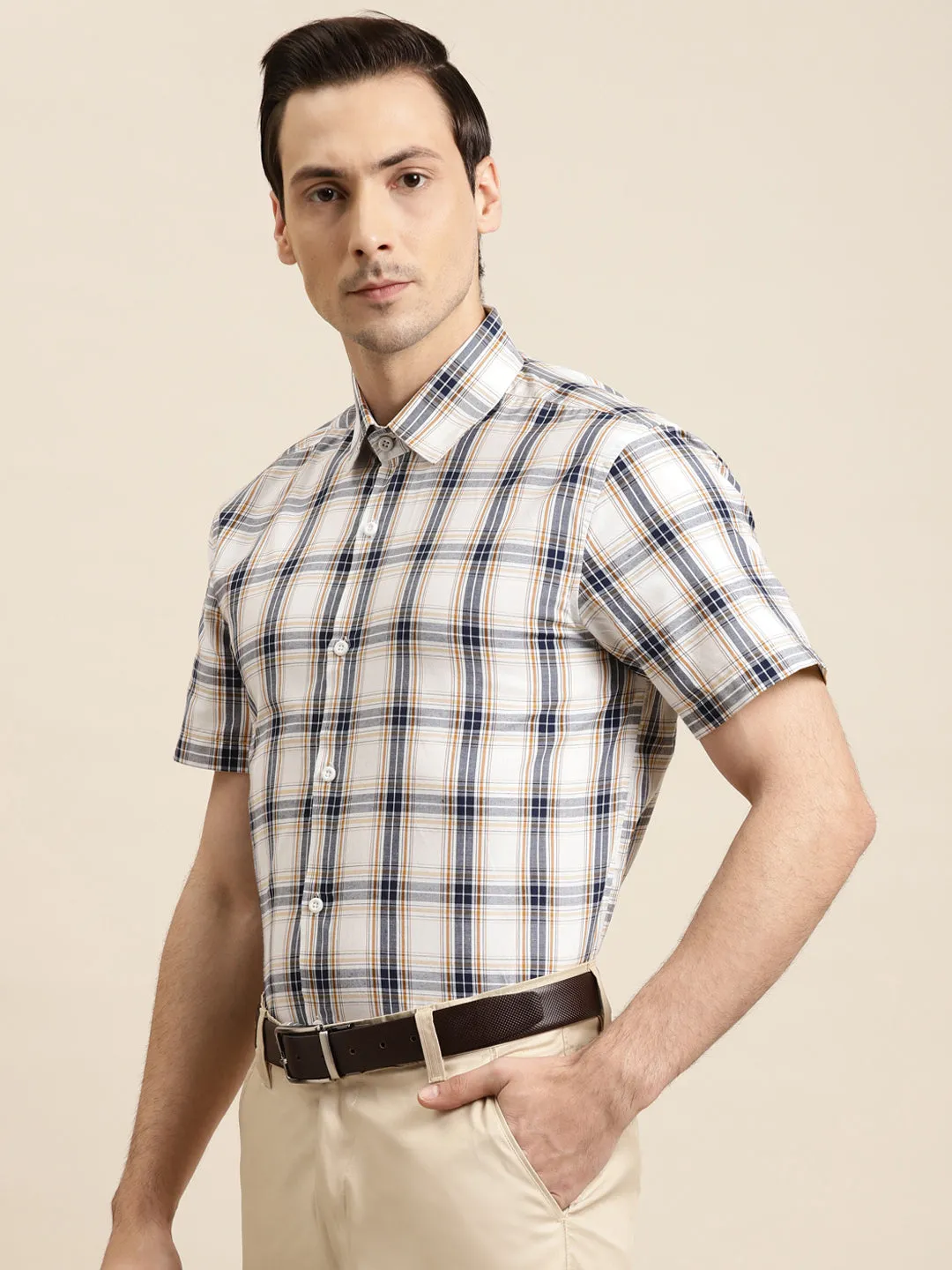 Men's Cotton Off White & Grey Formal Shirt - Sojanya