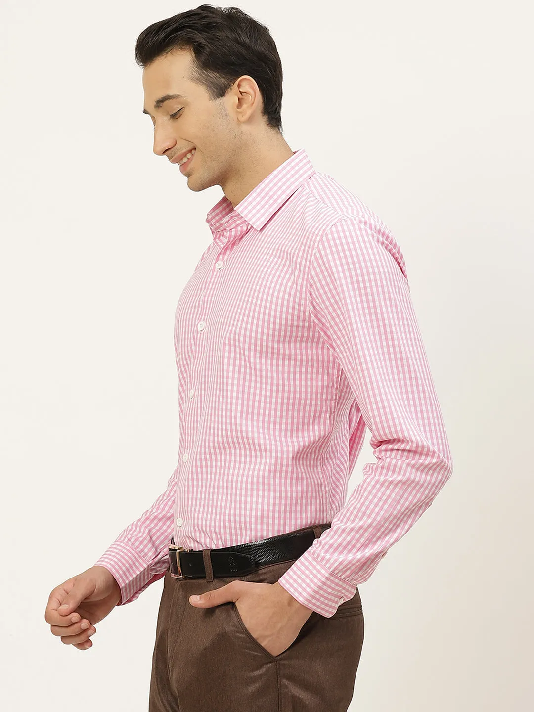 Men's Cotton Pink & White Checked Formal Shirt - Sojanya