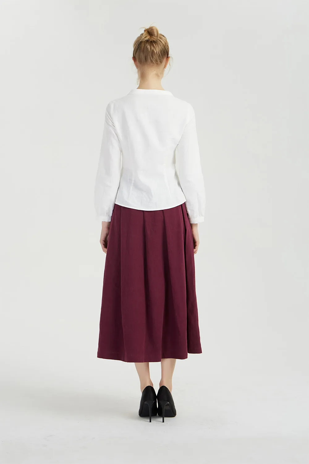 Midi burgundy linen skirt, pleated linen skirt 2038