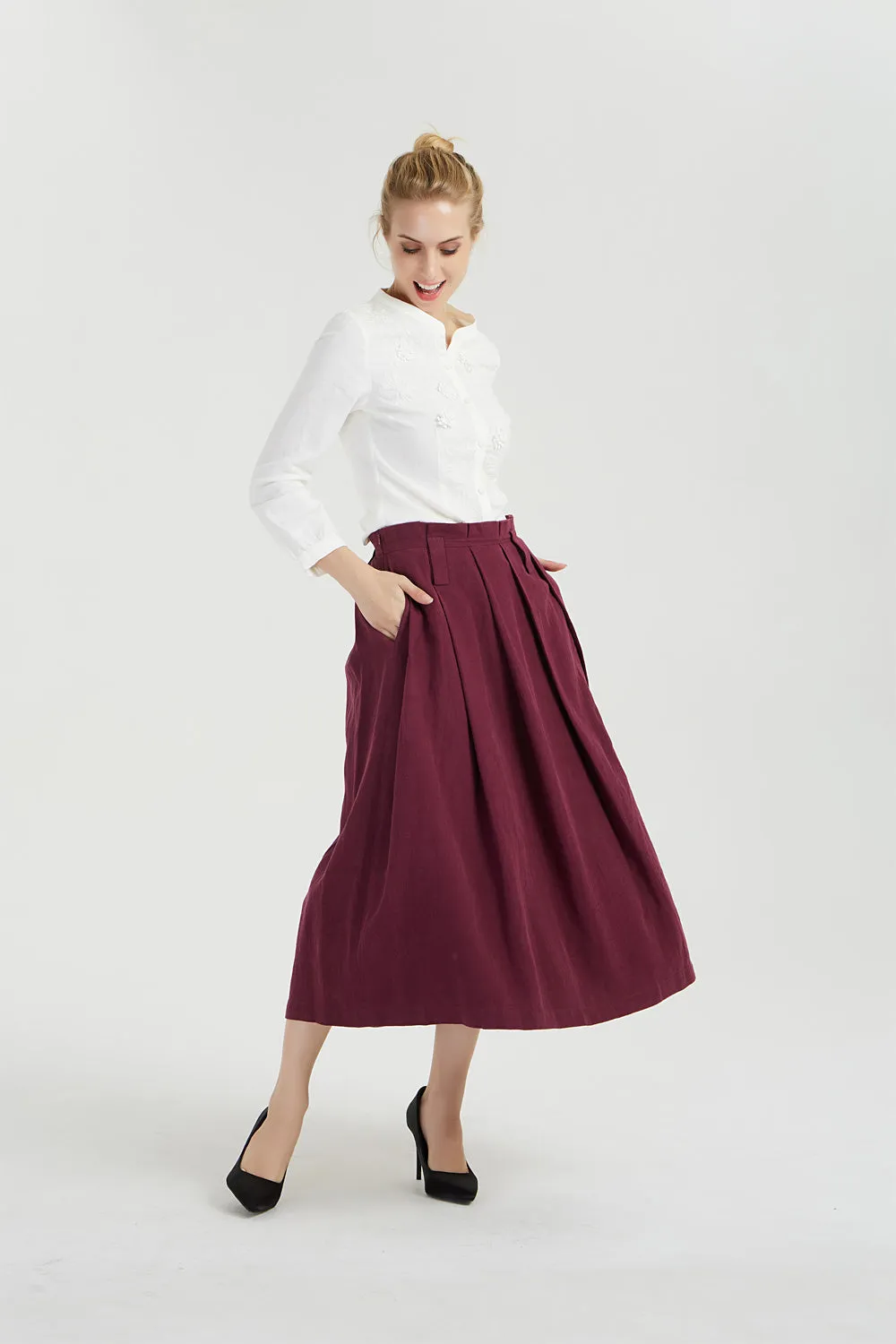 Midi burgundy linen skirt, pleated linen skirt 2038