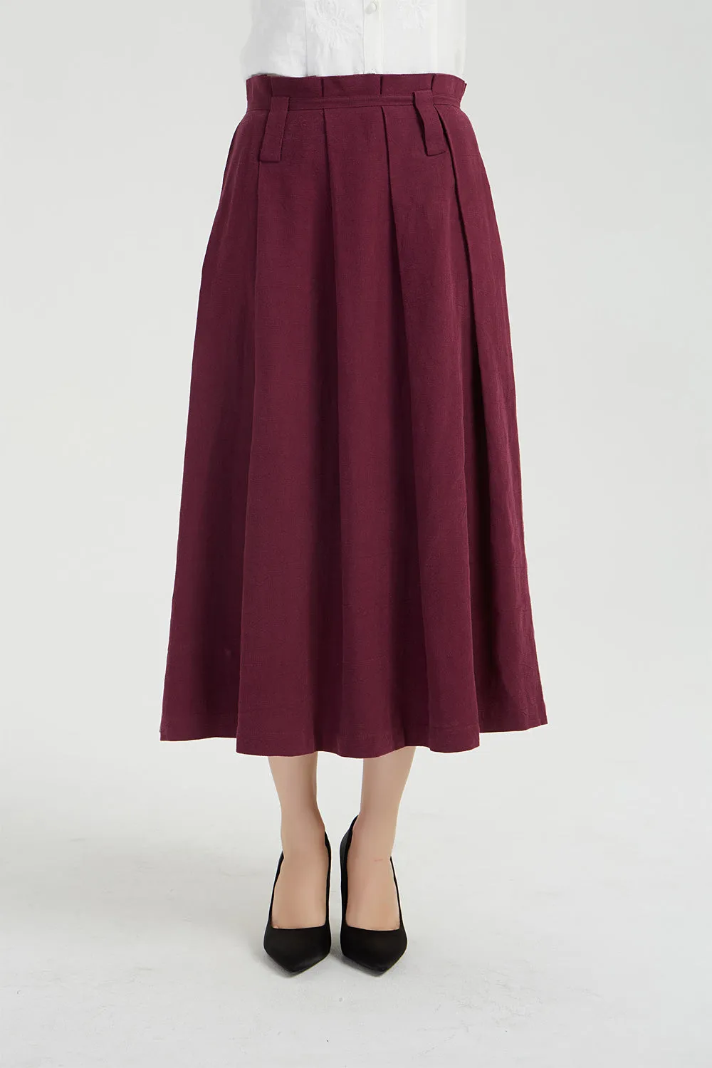 Midi burgundy linen skirt, pleated linen skirt 2038