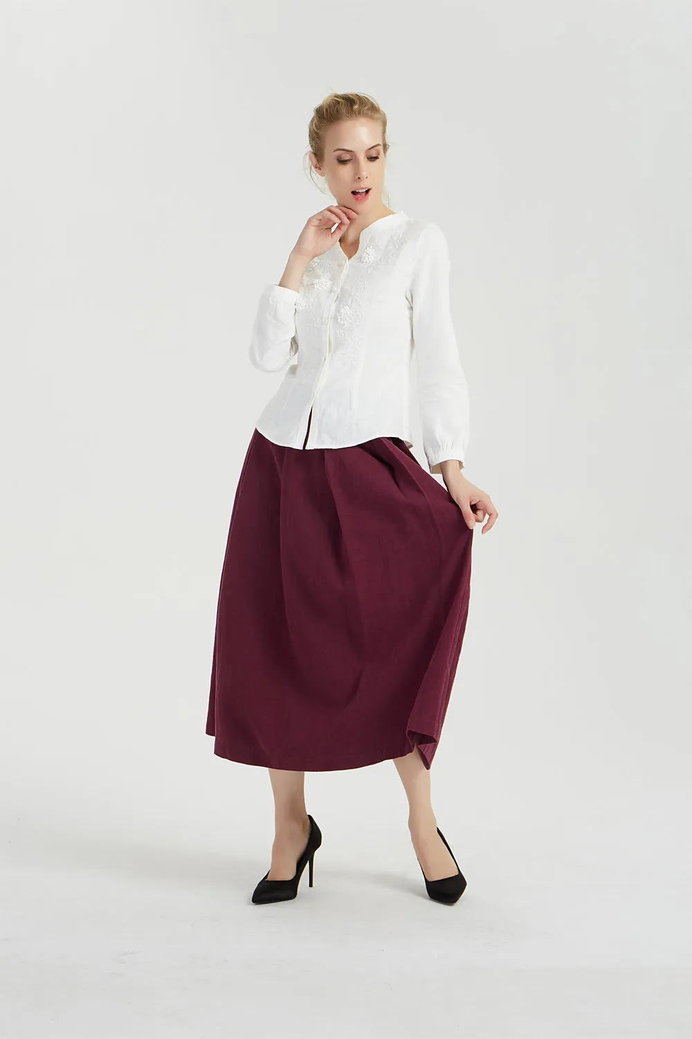 Midi burgundy linen skirt, pleated linen skirt 2038