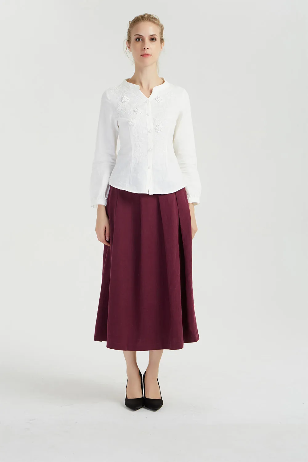 Midi burgundy linen skirt, pleated linen skirt 2038