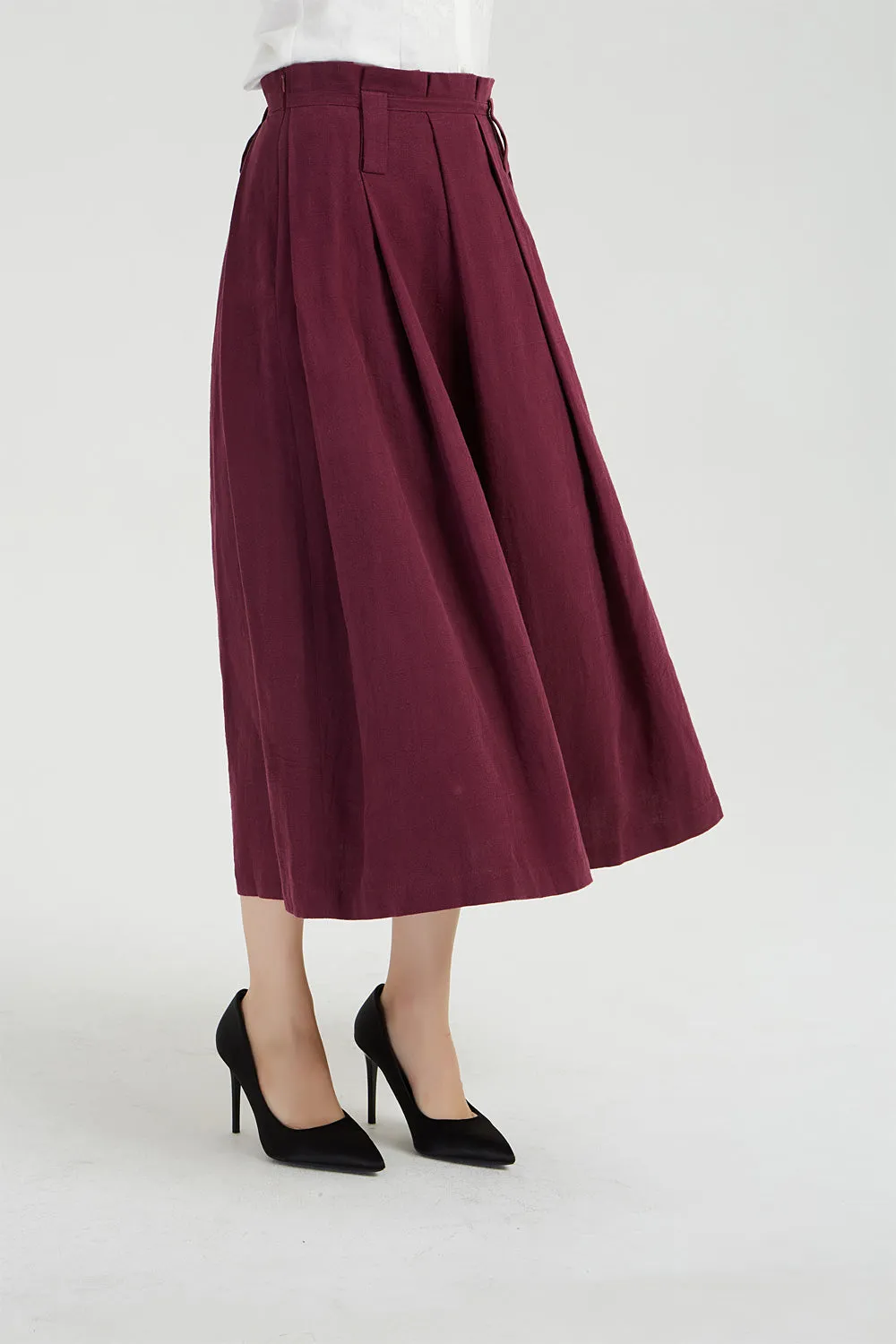 Midi burgundy linen skirt, pleated linen skirt 2038