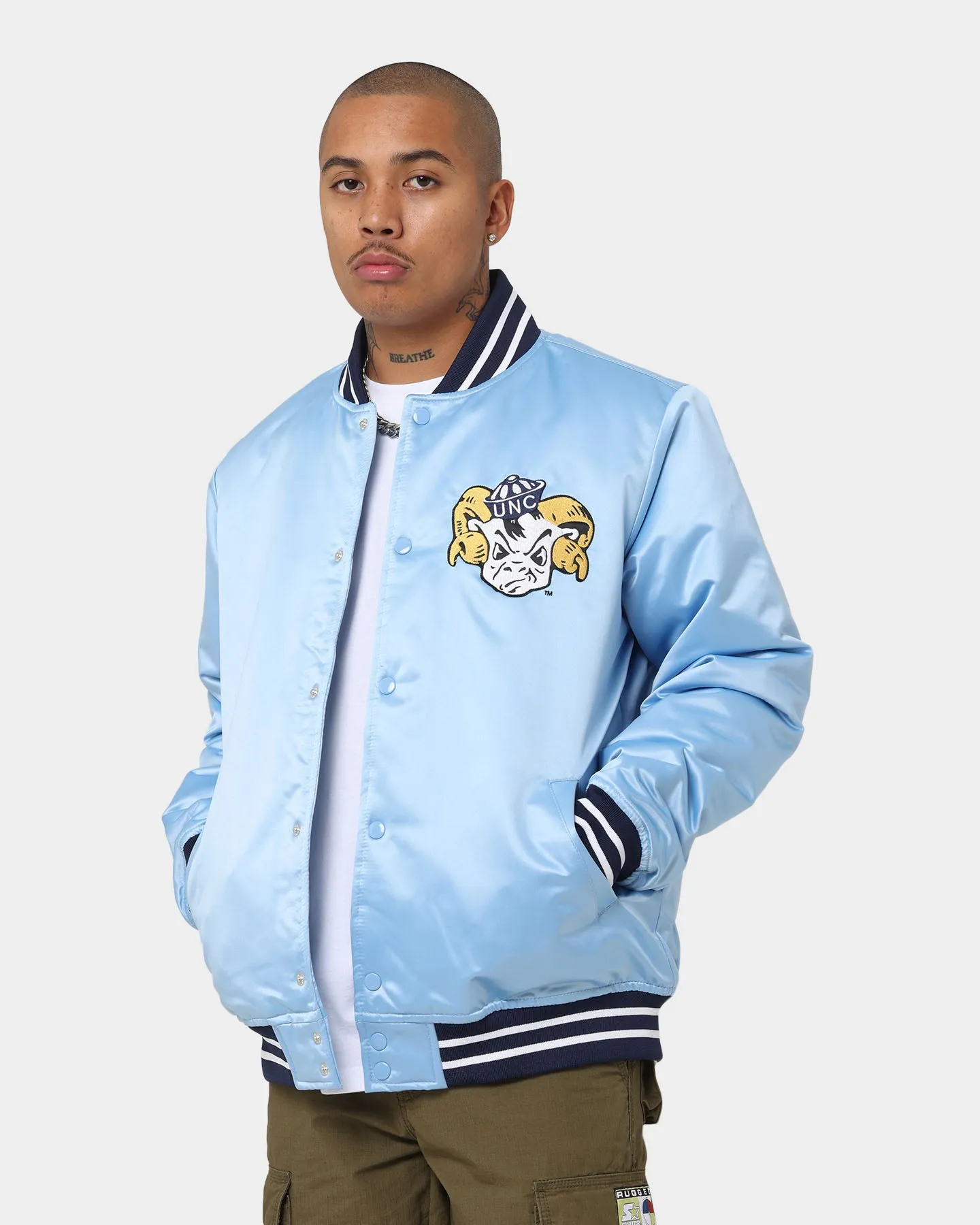 Mitchell & Ness University Of North Carolina Tar Heels Heavyweight Satin Jacket Light Blue